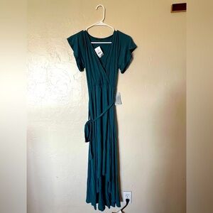 West kei Women's blue Short Sleeve V-neck Rayon Maxi Dress Size XS high low tie